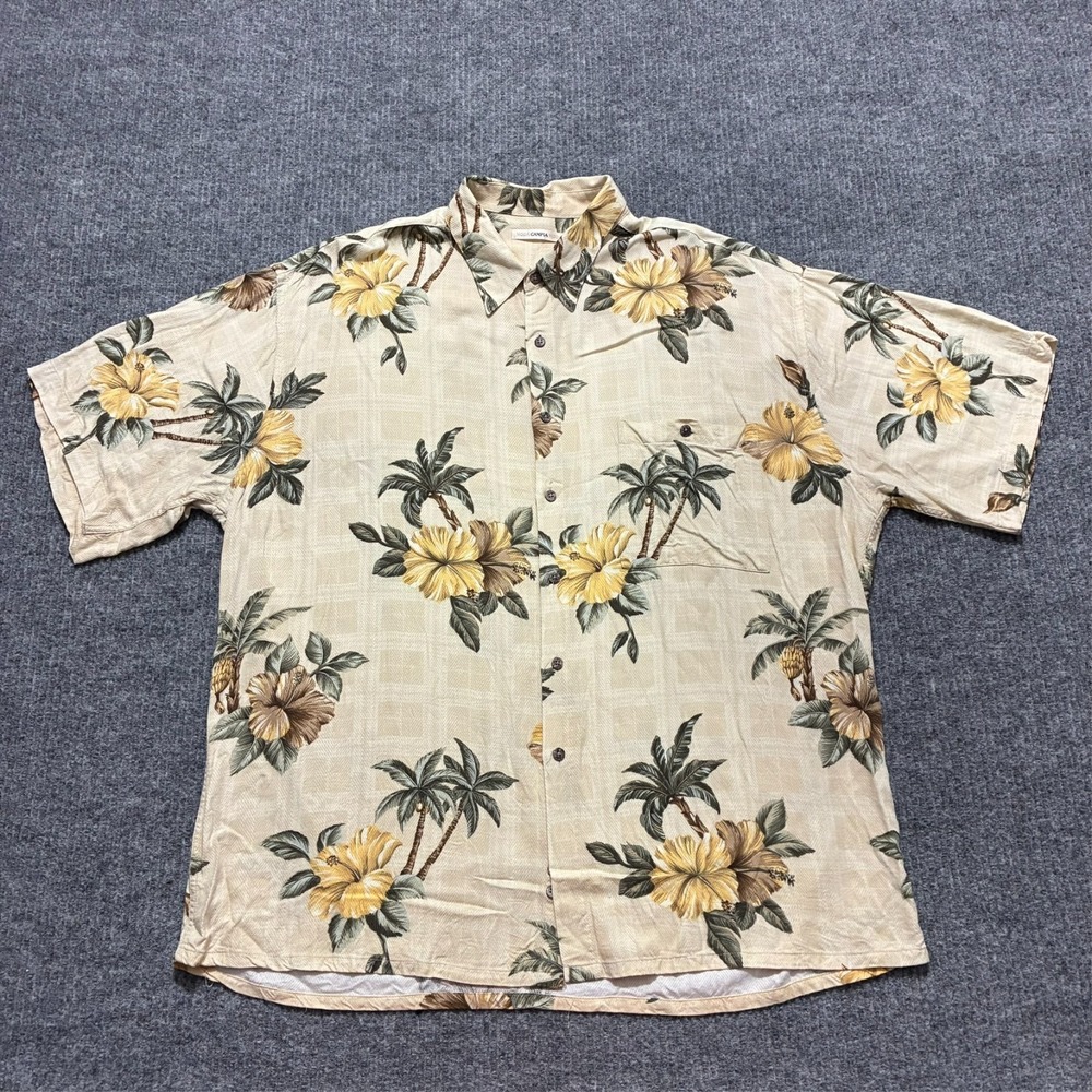 Moda Campia Moda Mens Button Up Shirt Size XL Beige Hawaiian Floral Short Sleeve